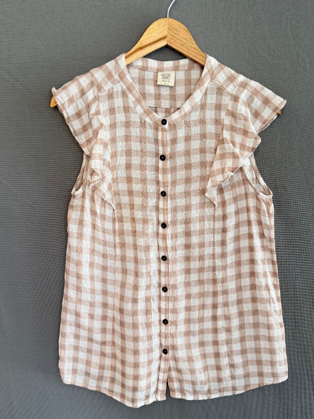 GOOD HART by Matilda Jane Womens Small Tan & White Gingham Ruffle Sleeve Top